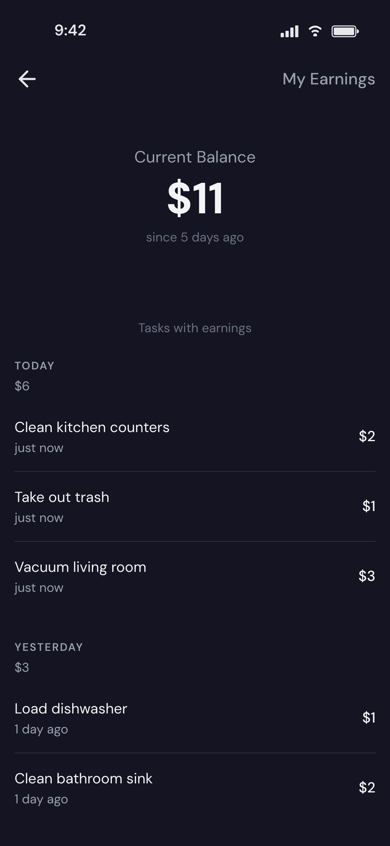 FreshChores earnings view showing balance and completed tasks
