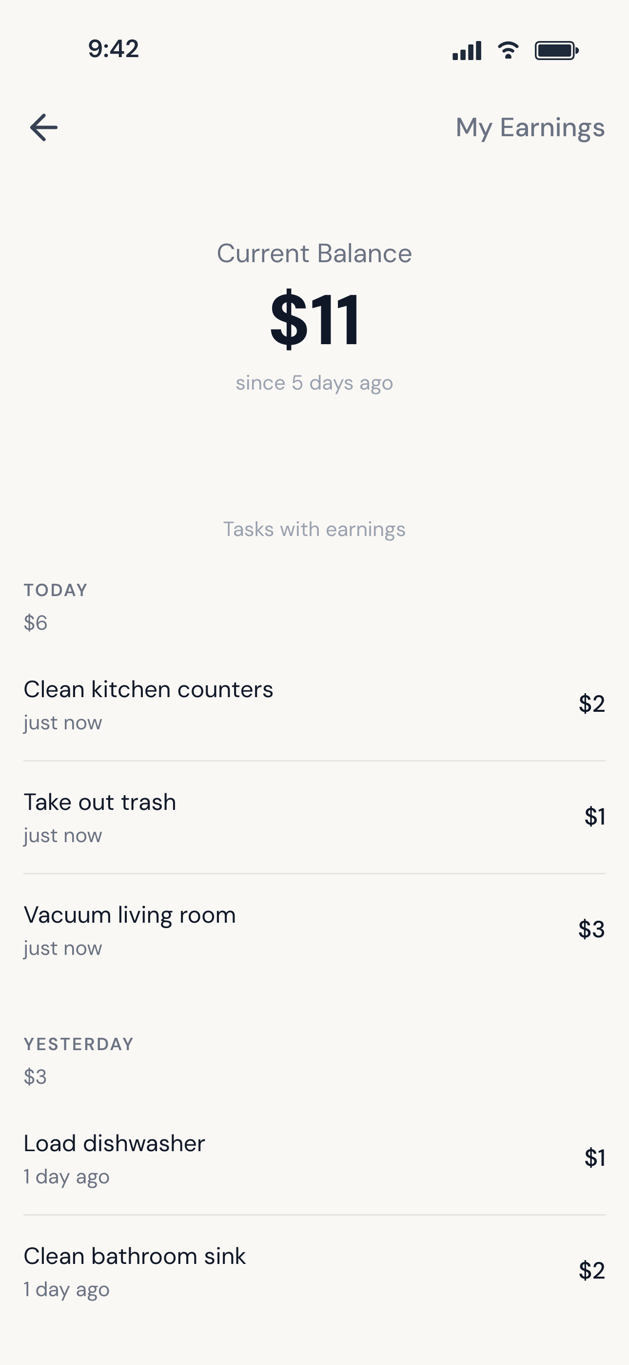 FreshChores earnings view showing balance and completed tasks