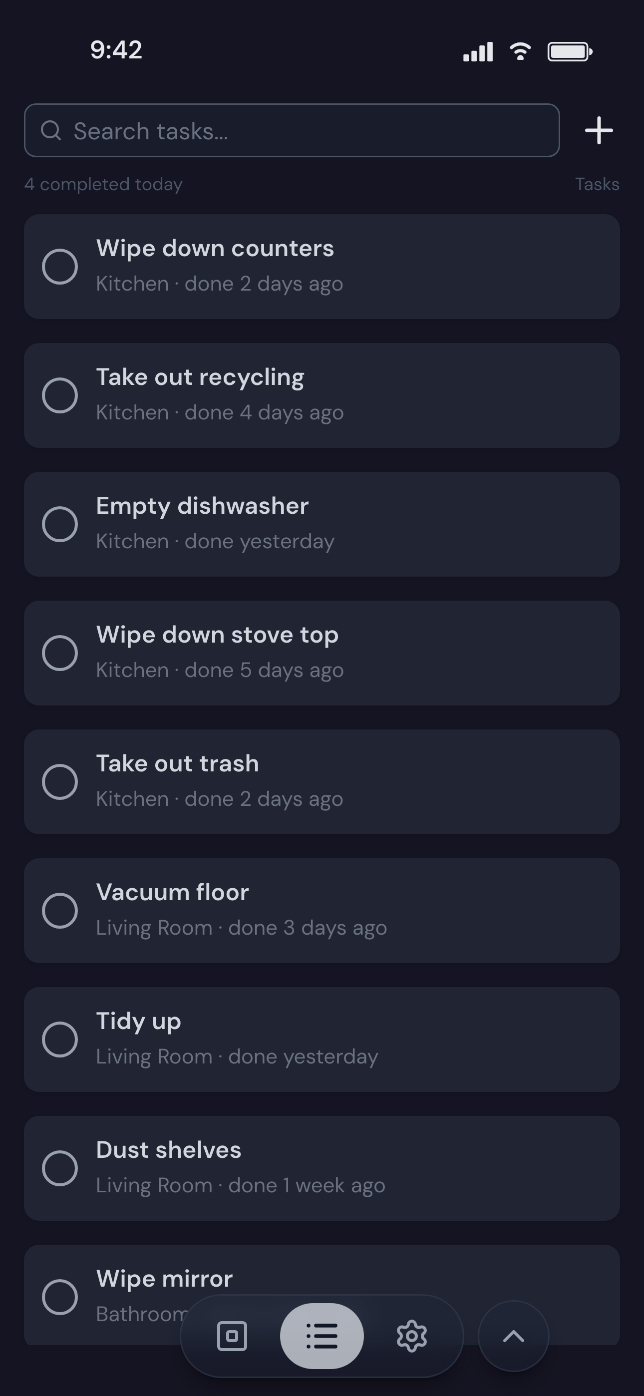 Task list showing available tasks to start