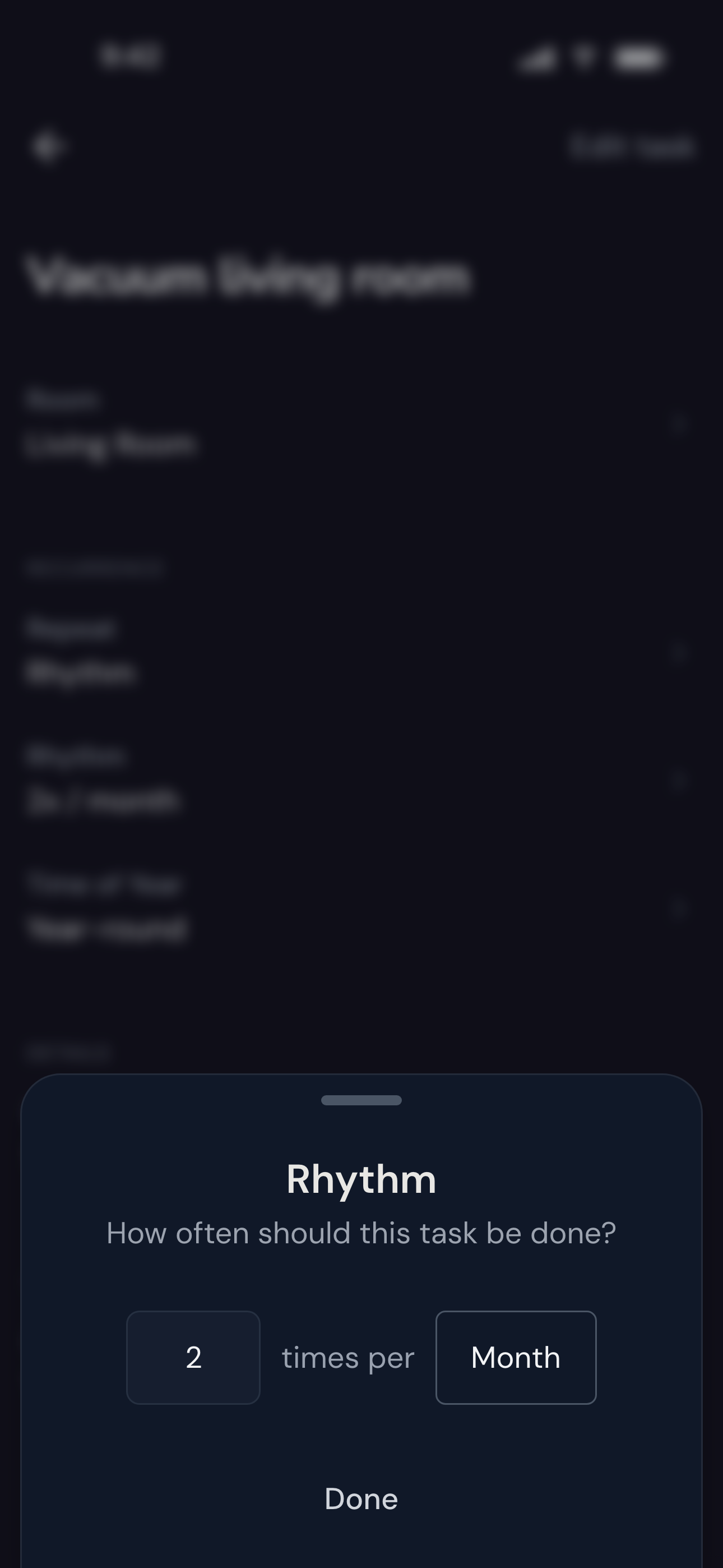 Task rhythm settings showing frequency and weekday options