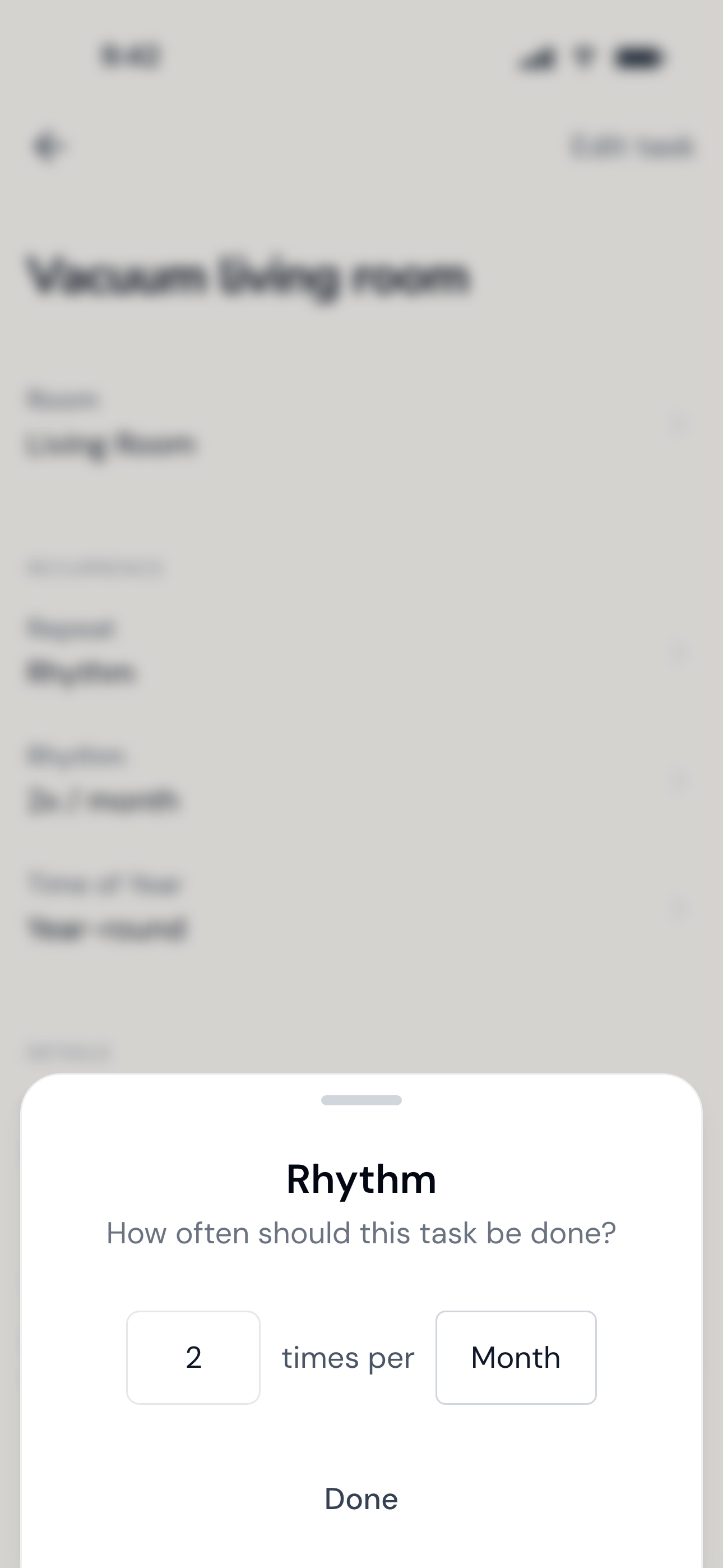 Task rhythm settings showing frequency and weekday options